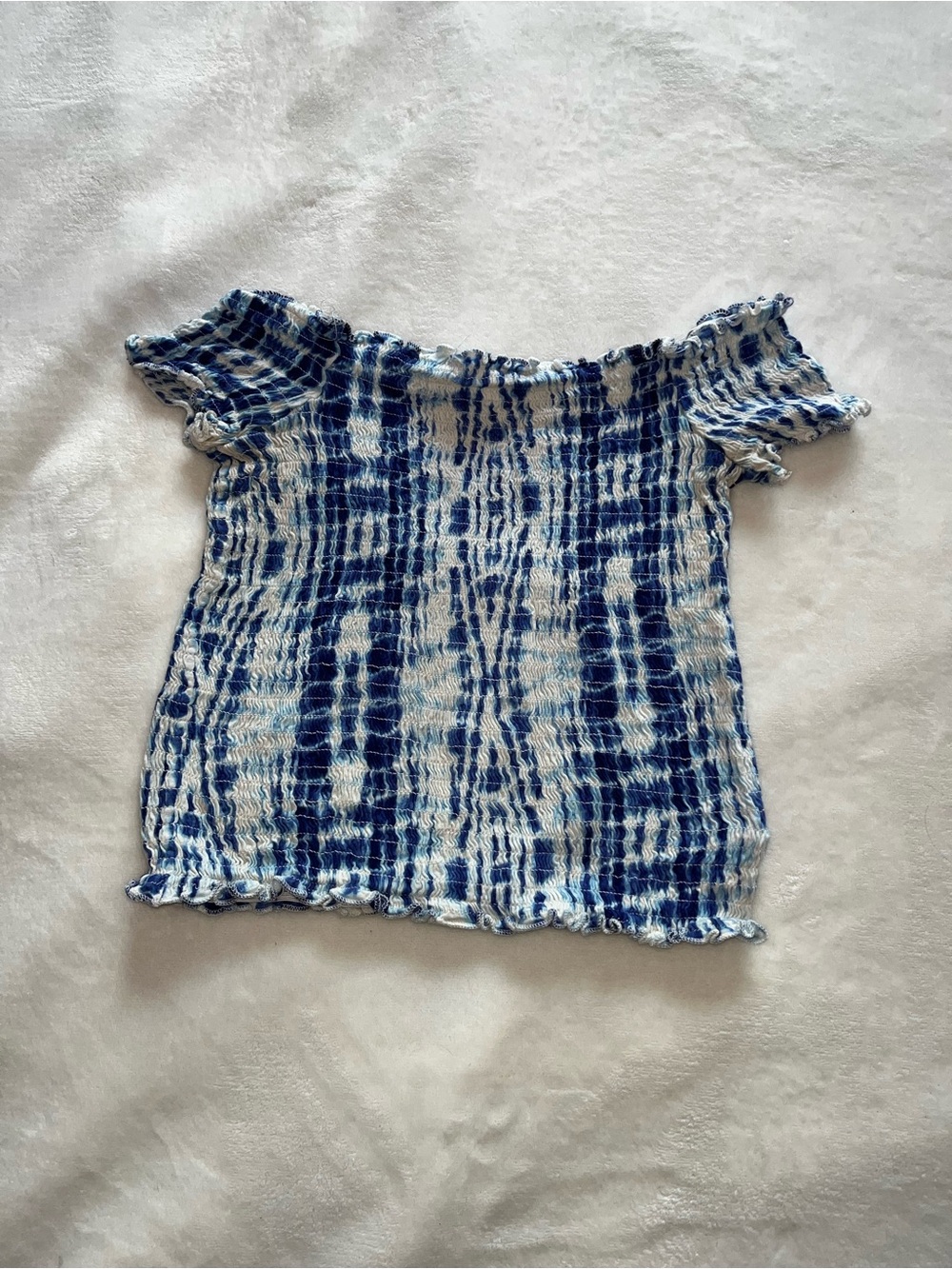 Streetwear Society Blue & White Smocked Off-Shoulder Crop Top